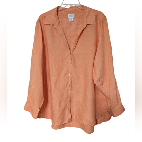 Sigrid Olsen Orange 100% Linen Roll Tab Sleeve Relaxed Button Down Shirt Size 2X - Picture 1 of 7